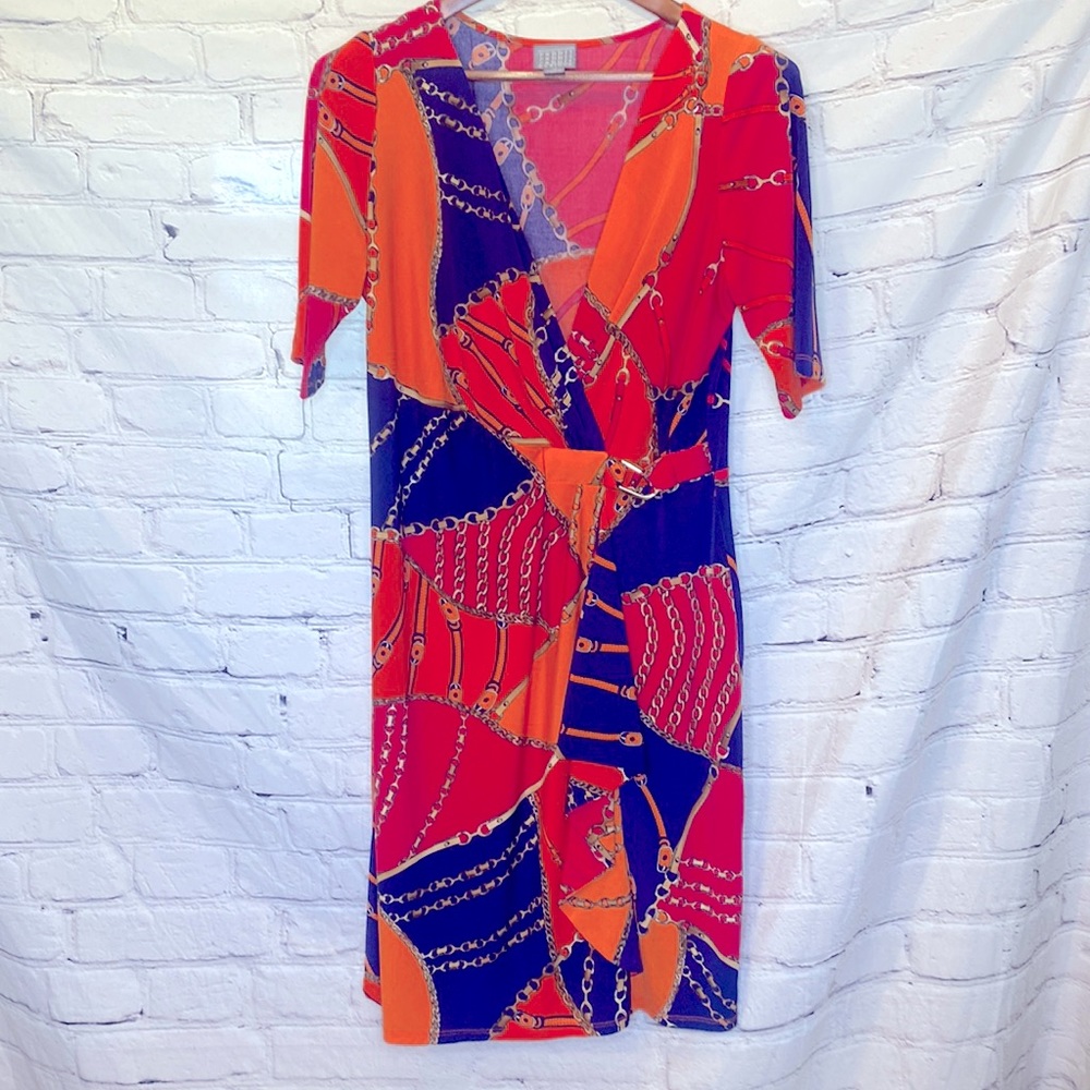 Rabbit Rabbit Rabbit Red Orange Blue Chain Harness Wrap Front Dress Size 14